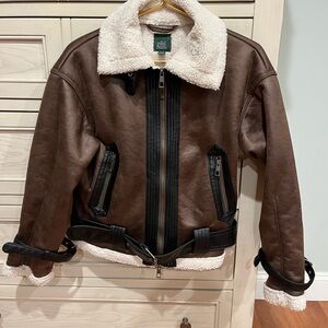 Wild Fable Brown Faux Shearling Aviator Jacket with Cream Collar